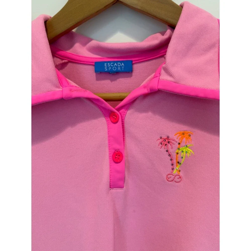 Escada Sport Pink Polo Golf Shirt W/ Palm Tree Embroidery & Rhinestones W Size M - Picture 2 of 7